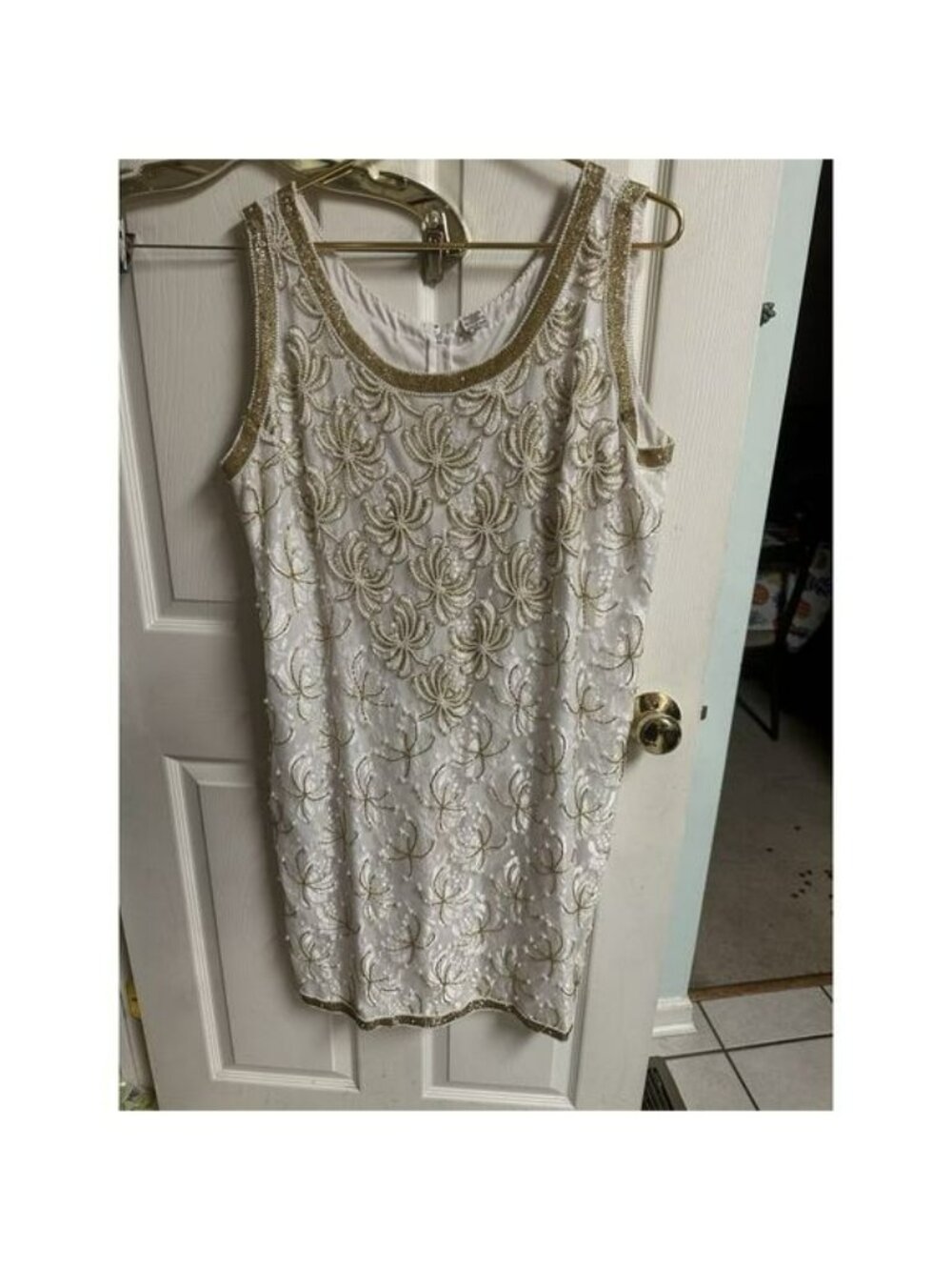 Scala Beaded Lace Dress & Jacket Set Pearls & Sequins Ivory Gold Trim 2pc Xl MOB